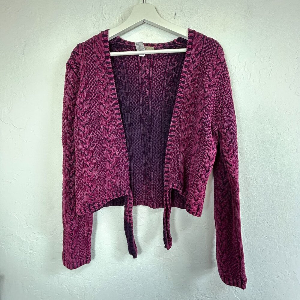 The Territory Ahead Womens Cable Knit Open Front Cropped Cardigan Sweater Purple